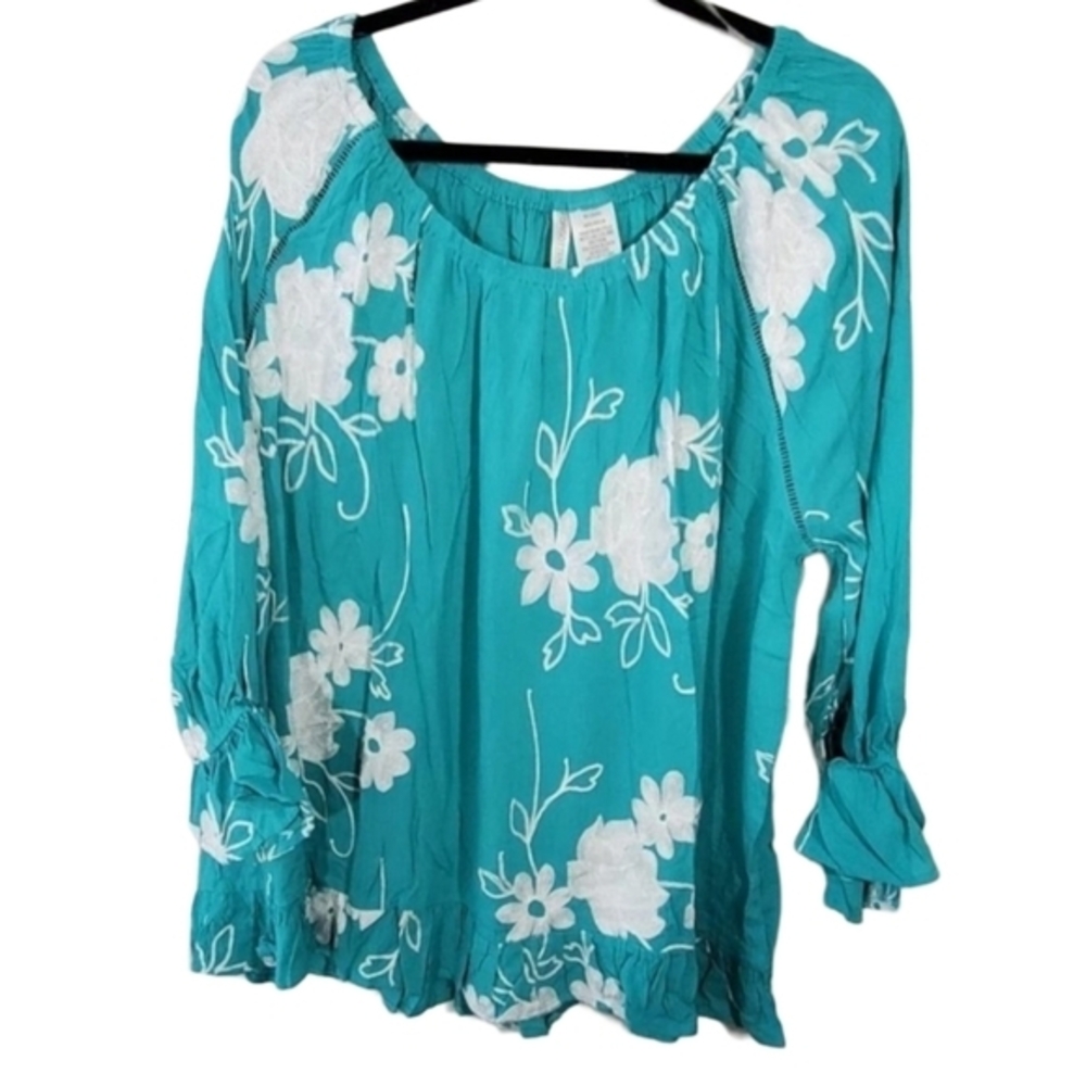 Forgotten Grace Teal Floral Embroidered Peasant Blouse 3X SB500X Boho Ruffle Hem